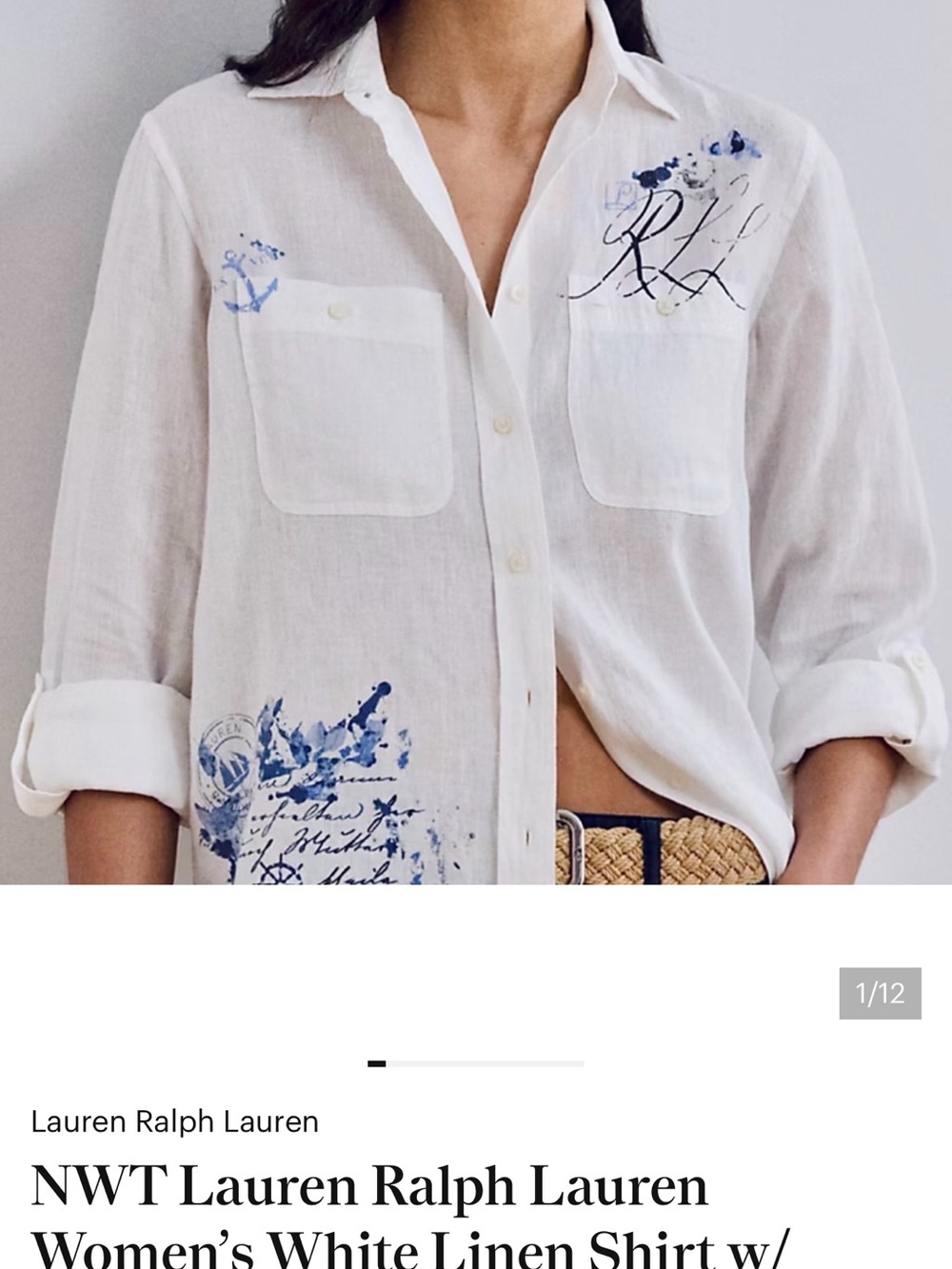 Lauren Ralph Lauren White Linen Shirt with Blue Script and Paint Accents - Picture 6 of 7